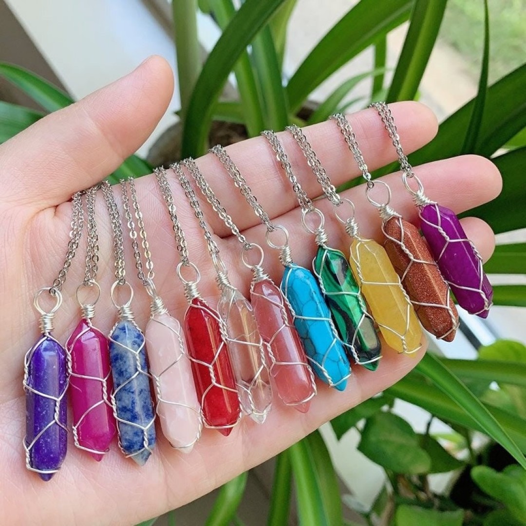 Crystal Wire Wrapped Necklaces, Rose Quartz, Amethyst, Opal, Black Obsidian, Silver Healing Stone Chakra Point Birthstone Gemstone Necklaces