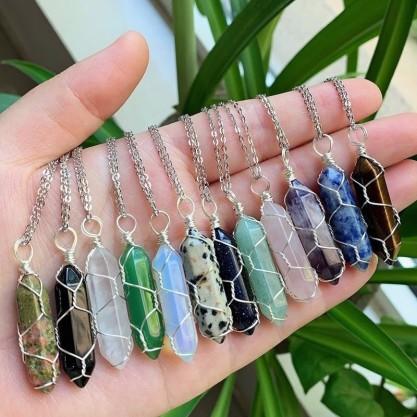 Crystal Wire Wrapped Necklaces, Rose Quartz, Amethyst, Opal, Black Obsidian, Silver Healing Stone Chakra Point Birthstone Gemstone Necklaces