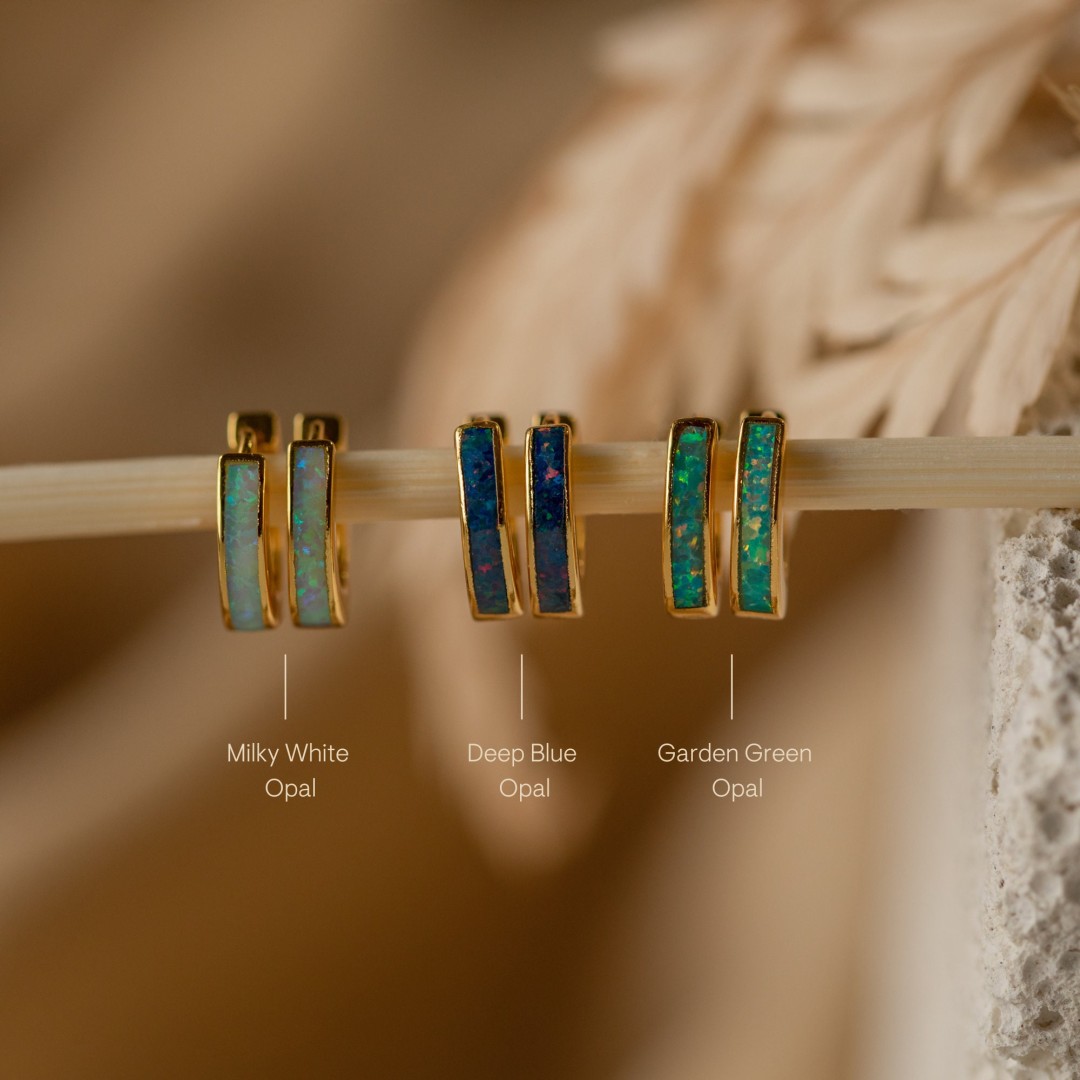 Opal Inlay Huggie Earrings by Caitlyn Minimalist • Fire Opal Hoop Earrings • Dainty Blue & Green Gemstone Earrings • Gift for Her • ER212