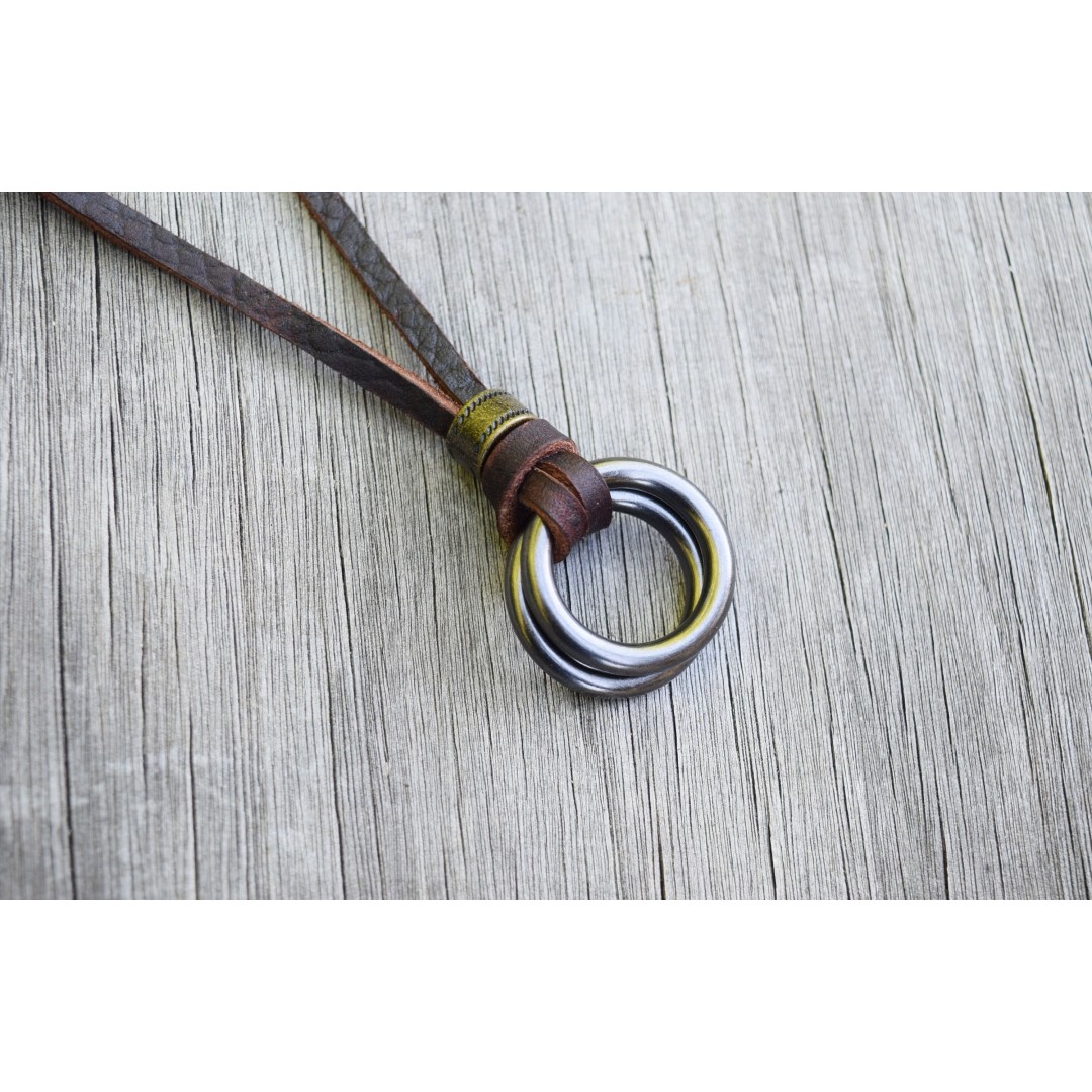 Men's Leather Circle Necklace, Adjustable, Mixed Metals Necklace, Leather Surfer Two Circle Necklace, Gunmetal Rings, Unisex, Groomsmen Gift