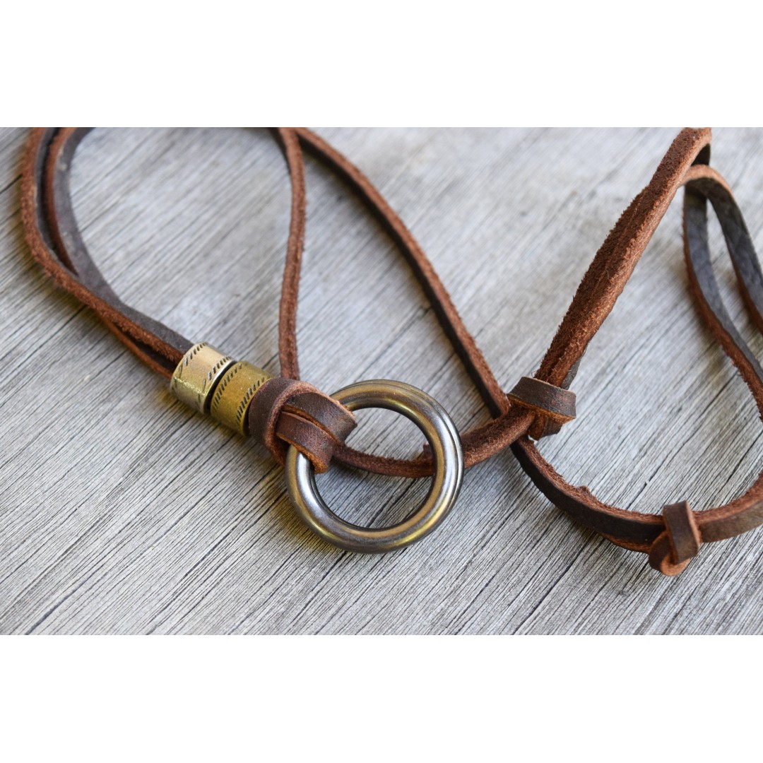 Men's Leather Circle Necklace, Adjustable, Mixed Metals Necklace, Leather Surfer Two Circle Necklace, Gunmetal Rings, Unisex, Groomsmen Gift