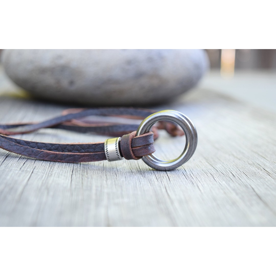 Men's Leather Circle Necklace, Adjustable, Mixed Metals Necklace, Leather Surfer Two Circle Necklace, Gunmetal Rings, Unisex, Groomsmen Gift