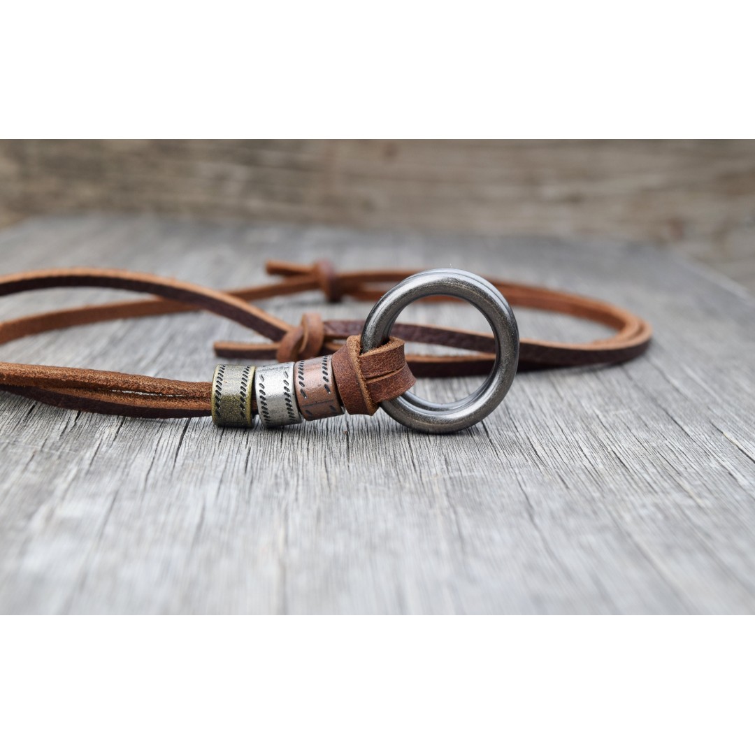 Men's Leather Circle Necklace, Adjustable, Mixed Metals Necklace, Leather Surfer Two Circle Necklace, Gunmetal Rings, Unisex, Groomsmen Gift