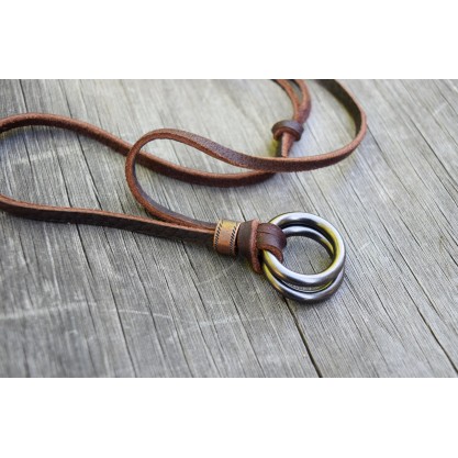 Men's Leather Circle Necklace, Adjustable, Mixed Metals Necklace, Leather Surfer Two Circle Necklace, Gunmetal Rings, Unisex, Groomsmen Gift