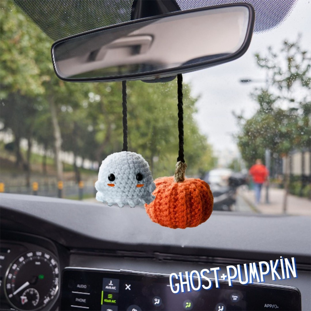 Cute Car Accessory, Hanging Crochet Ghost, Gift Ornament for Christmas, Fun Pumpkin in the Rearview Mirror, Ghost Swinging in the Car