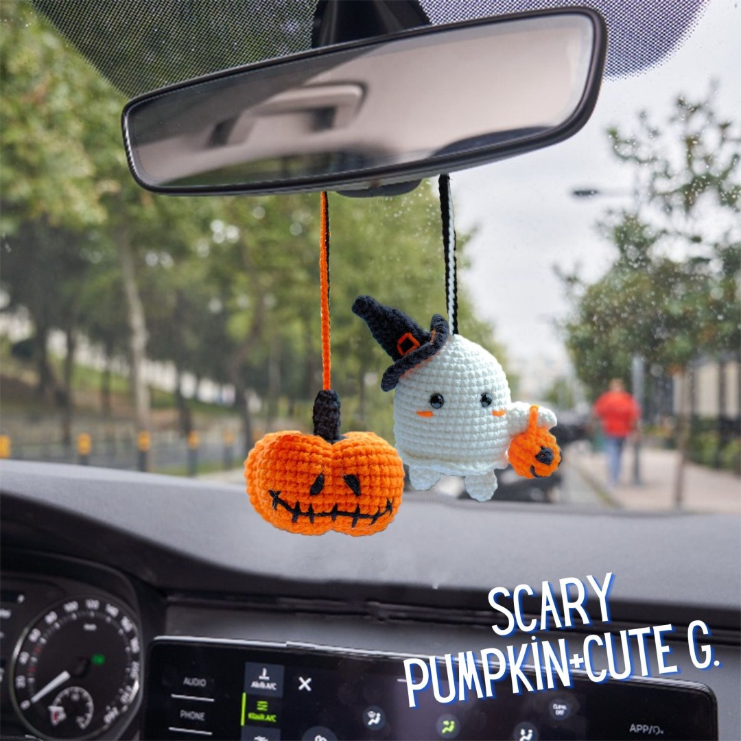 Cute Car Accessory, Hanging Crochet Ghost, Gift Ornament for Christmas, Fun Pumpkin in the Rearview Mirror, Ghost Swinging in the Car