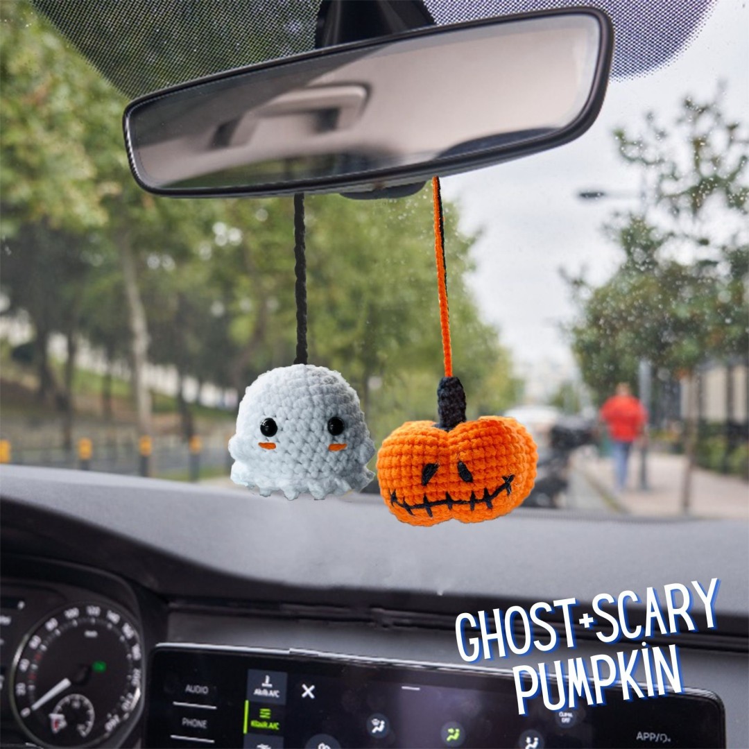 Cute Car Accessory, Hanging Crochet Ghost, Gift Ornament for Christmas, Fun Pumpkin in the Rearview Mirror, Ghost Swinging in the Car