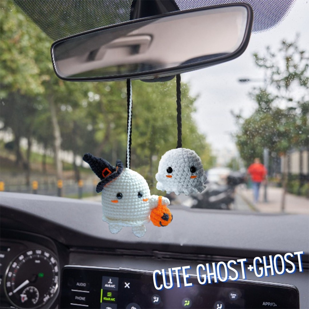 Cute Car Accessory, Hanging Crochet Ghost, Gift Ornament for Christmas, Fun Pumpkin in the Rearview Mirror, Ghost Swinging in the Car