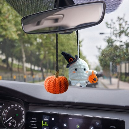 Cute Car Accessory, Hanging Crochet Ghost, Gift Ornament for Christmas, Fun Pumpkin in the Rearview Mirror, Ghost Swinging in the Car