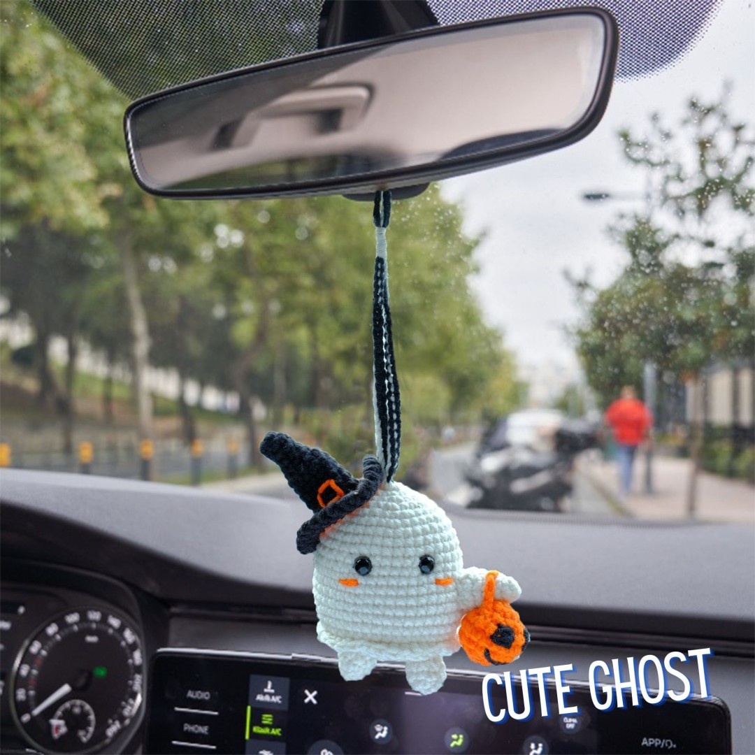 Cute Car Accessory, Hanging Crochet Ghost, Gift Ornament for Christmas, Fun Pumpkin in the Rearview Mirror, Ghost Swinging in the Car