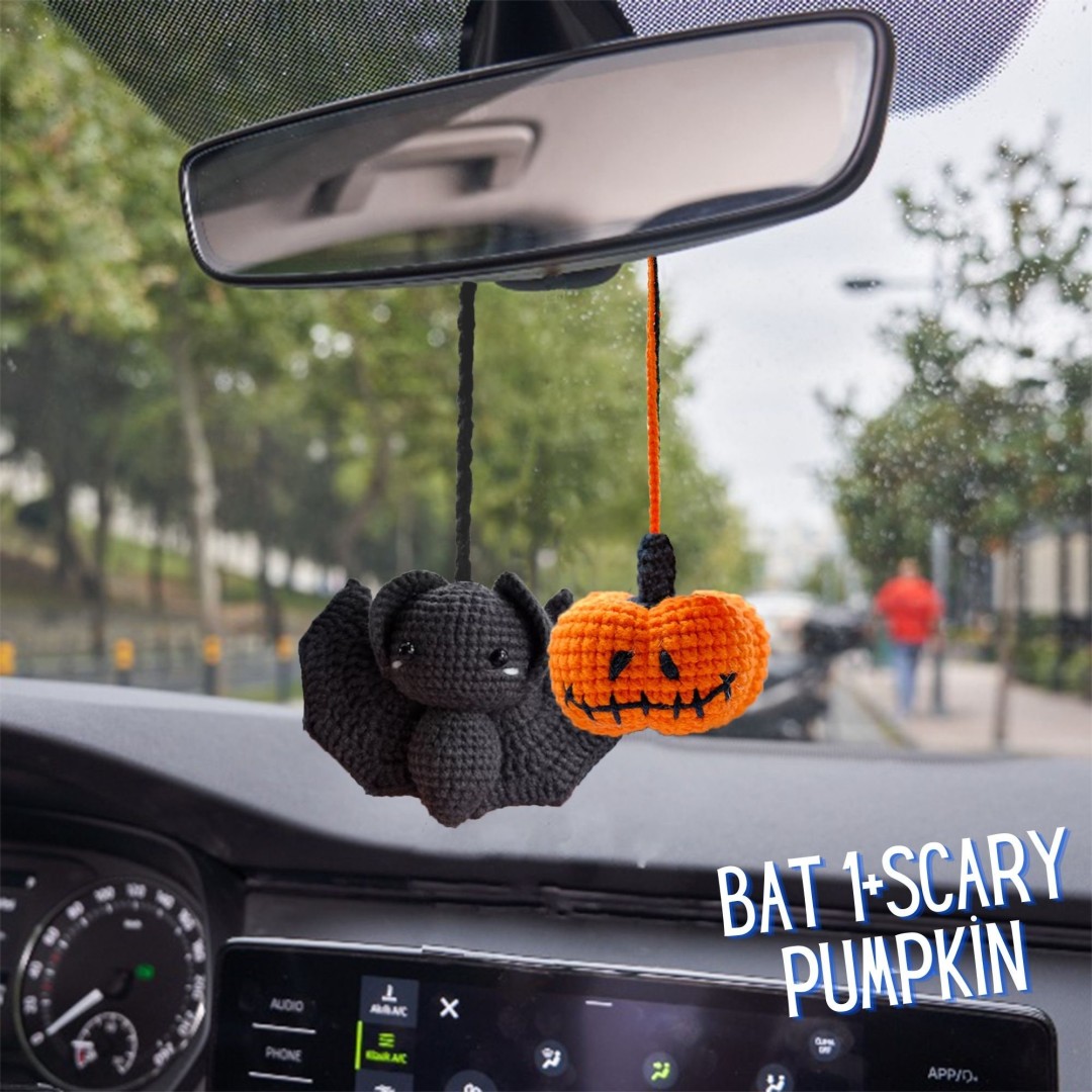 Cute Bat Car Accessories for Halloween, Halloween Crochet Rearview Mirror Decoration, Car interior Charm, Handmade Gift for Woman or Man