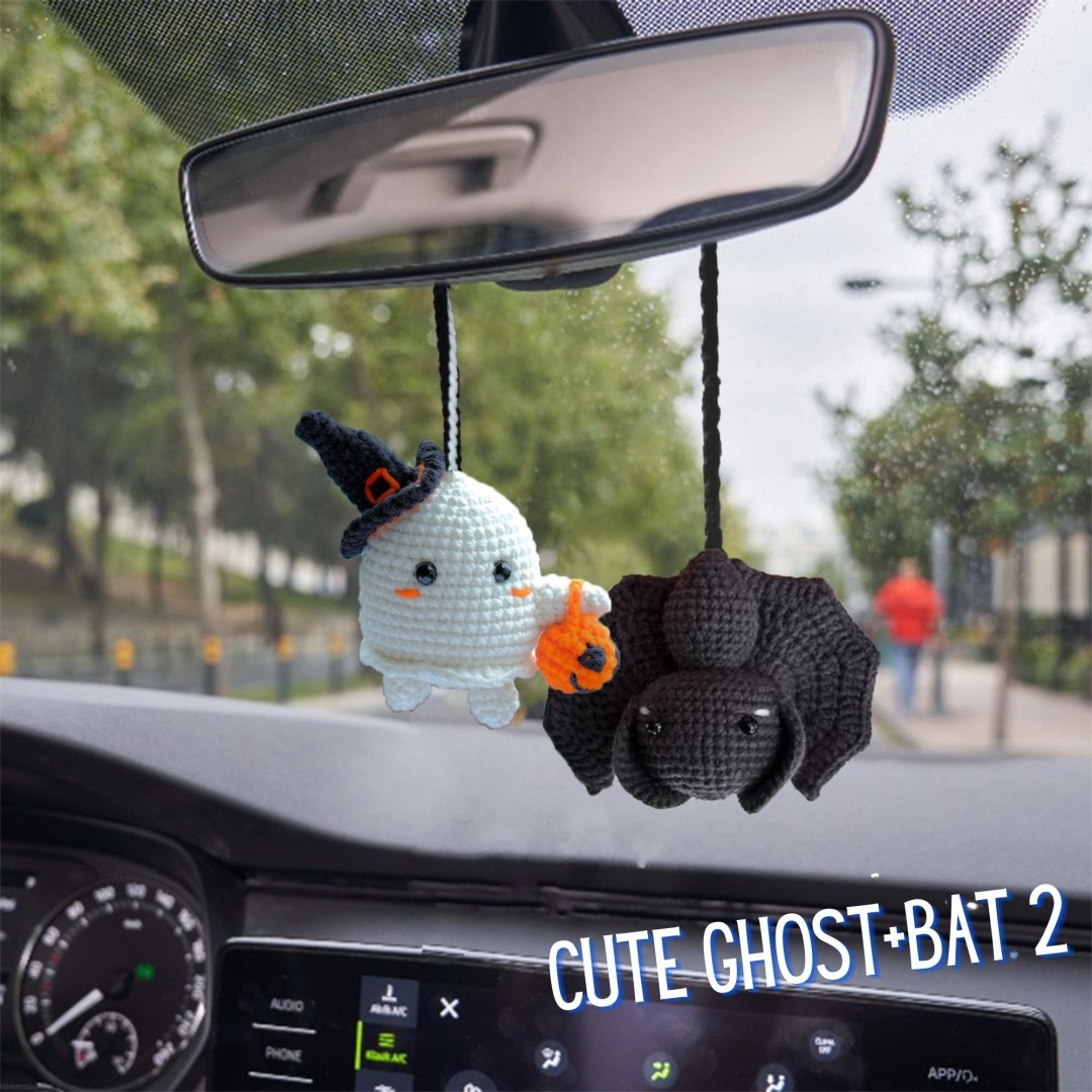 Cute Bat Car Accessories for Halloween, Halloween Crochet Rearview Mirror Decoration, Car interior Charm, Handmade Gift for Woman or Man