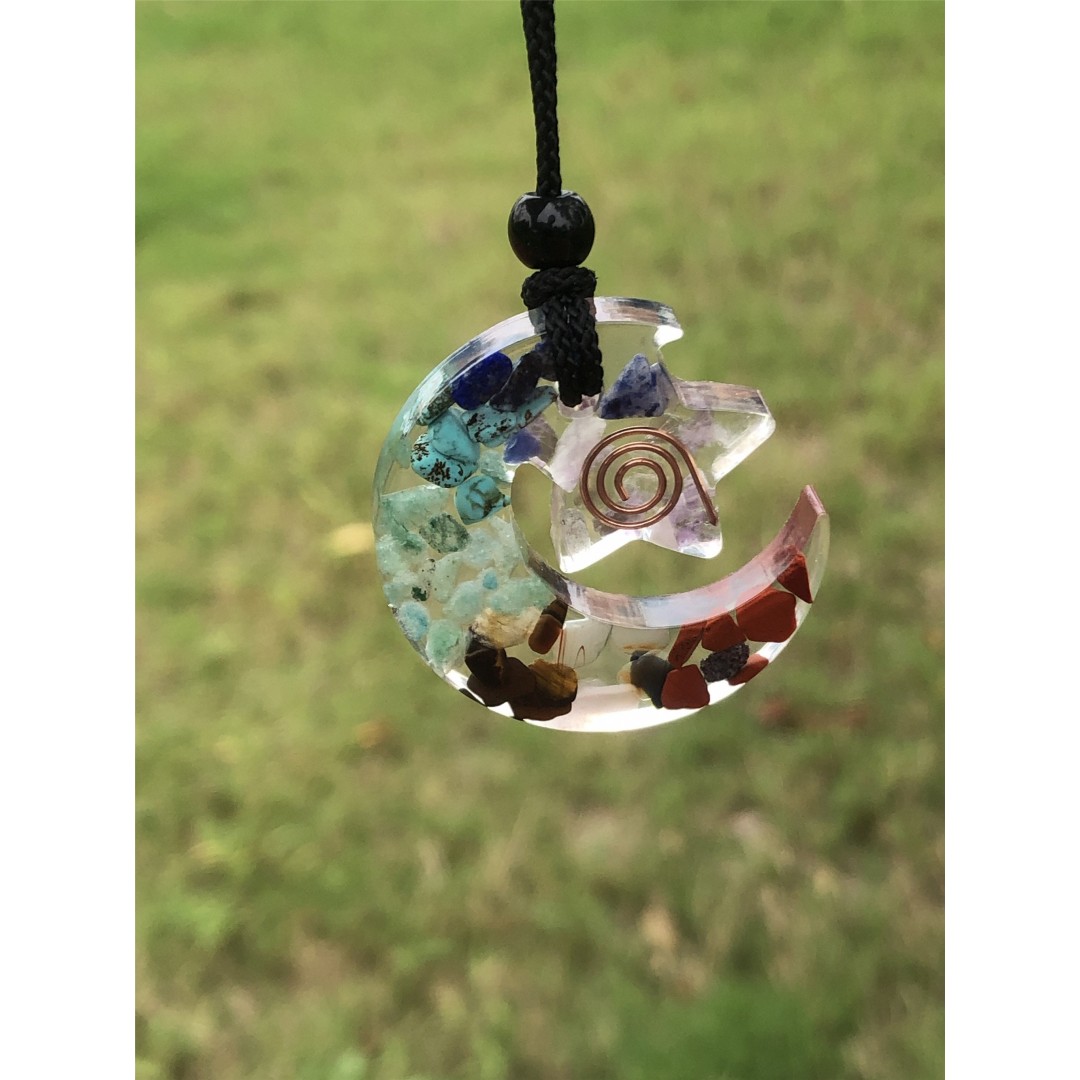 7 Chakra Gemstone Orgonite Moon Start Pendant, Orgonite pendant, Resin pendant, Chakra stones, Chakra Jewelry, Chakra pendant