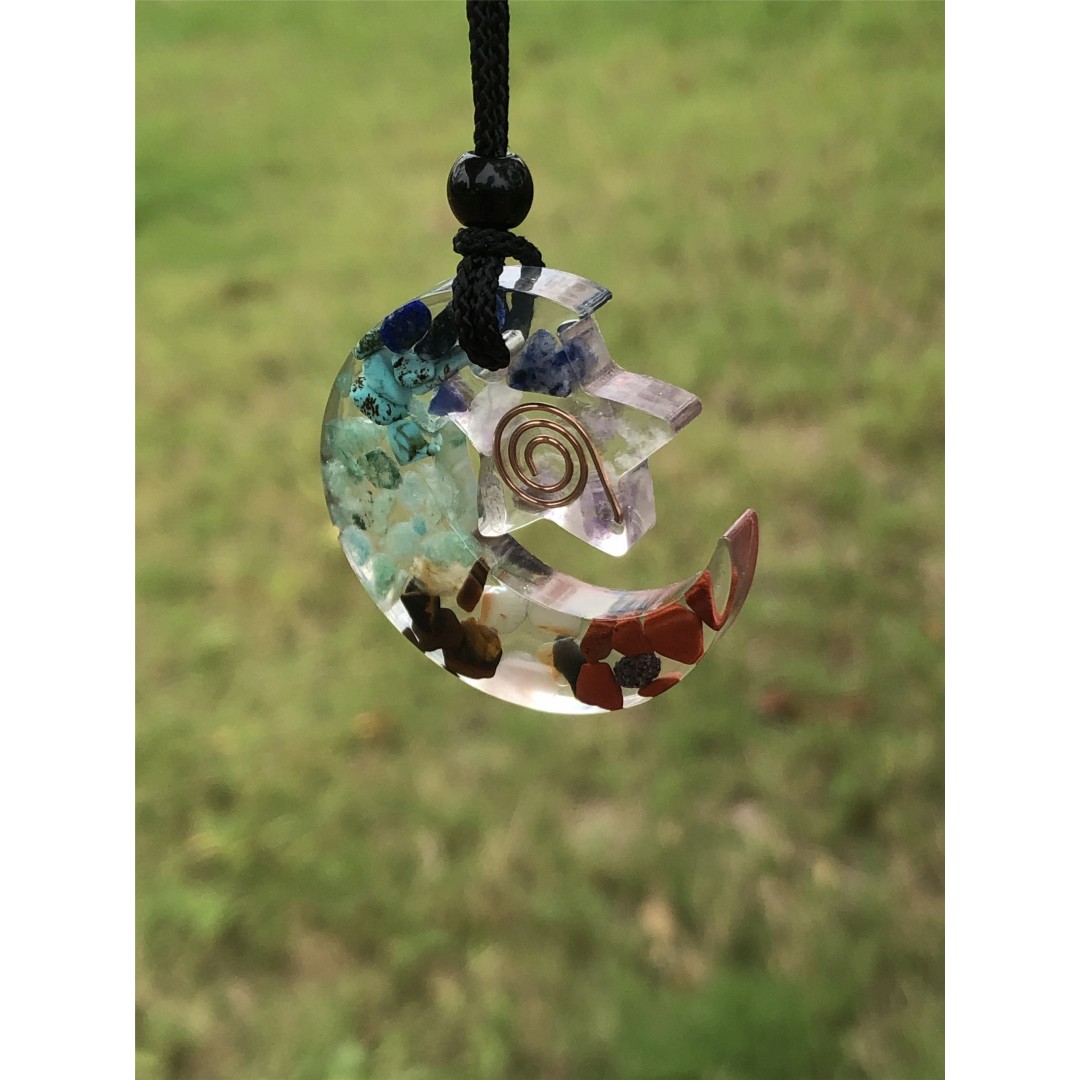 7 Chakra Gemstone Orgonite Moon Start Pendant, Orgonite pendant, Resin pendant, Chakra stones, Chakra Jewelry, Chakra pendant