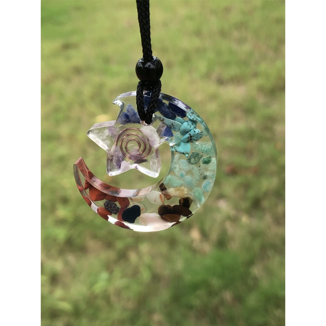 7 Chakra Gemstone Orgonite Moon Start Pendant, Orgonite pendant, Resin pendant, Chakra stones, Chakra Jewelry, Chakra pendant