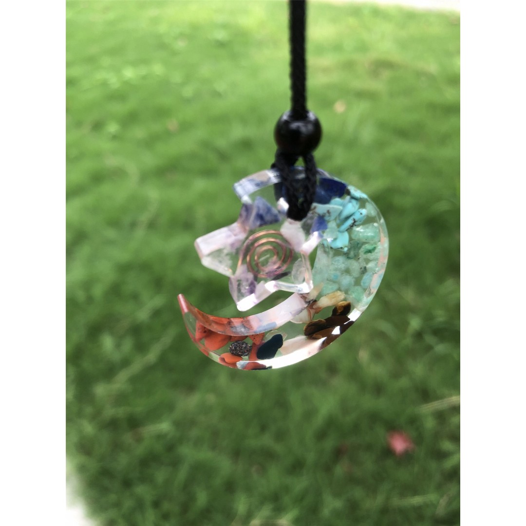 7 Chakra Gemstone Orgonite Moon Start Pendant, Orgonite pendant, Resin pendant, Chakra stones, Chakra Jewelry, Chakra pendant