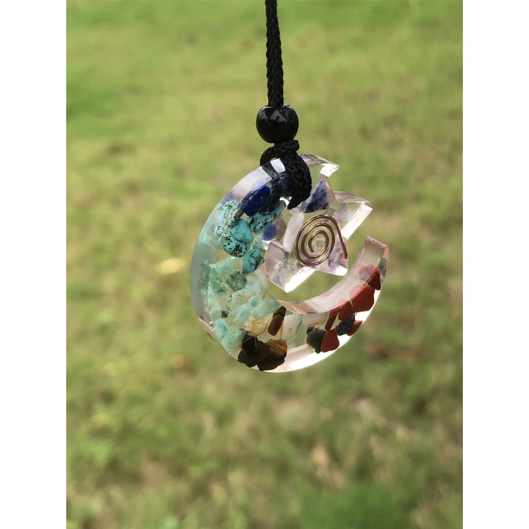 7 Chakra Gemstone Orgonite Moon Start Pendant, Orgonite pendant, Resin pendant, Chakra stones, Chakra Jewelry, Chakra pendant