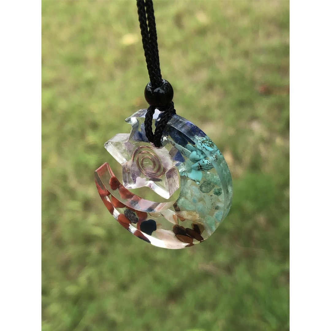 7 Chakra Gemstone Orgonite Moon Start Pendant, Orgonite pendant, Resin pendant, Chakra stones, Chakra Jewelry, Chakra pendant