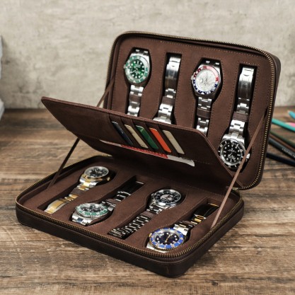 Personalized Leather Watch Box, 8 Slots Watch Storage Case, Zipper Watch Travel Case, Watch Display Case With Card Holder, Father Gift