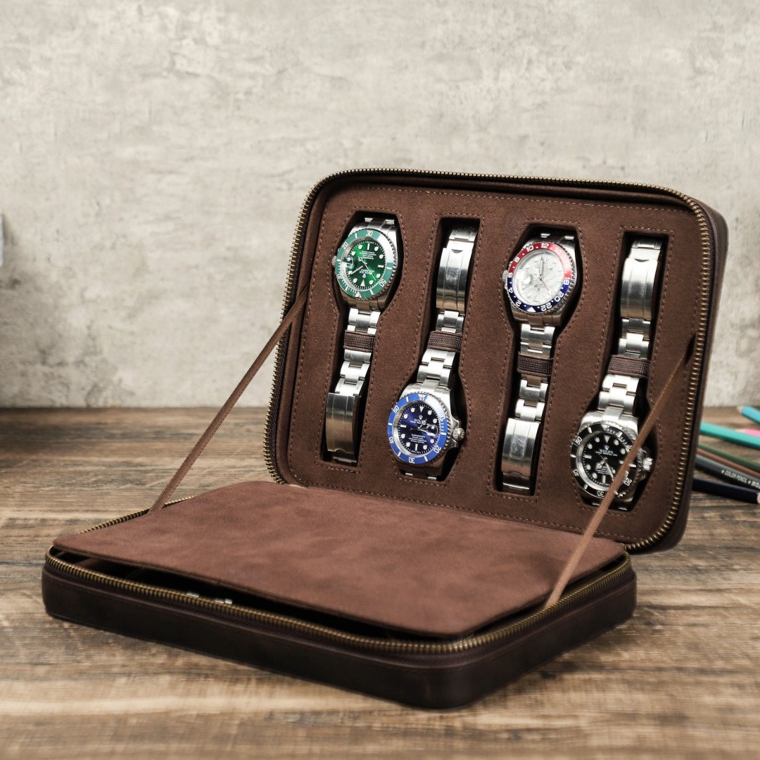 Personalized Leather Watch Box, 8 Slots Watch Storage Case, Zipper Watch Travel Case, Watch Display Case With Card Holder, Father Gift