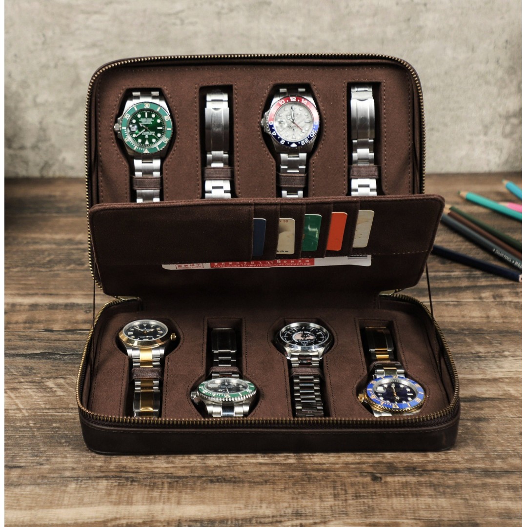 Personalized Leather Watch Box, 8 Slots Watch Storage Case, Zipper Watch Travel Case, Watch Display Case With Card Holder, Father Gift