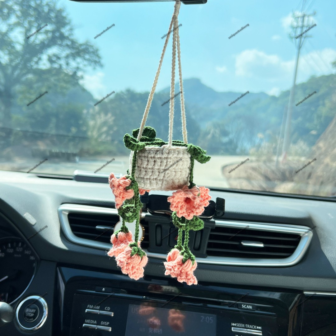 Lily of The Valley Car Hanging Crochet, Crochet Succulent Plants Hanger, Car Accessories For Women, Car Mirror Decor, Car Mirror Ornament