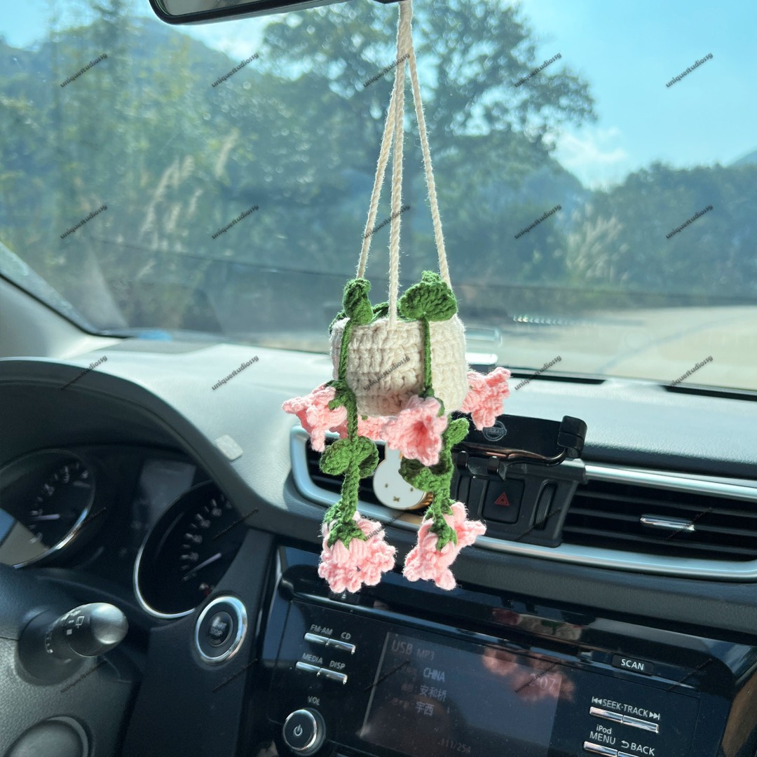 Lily of The Valley Car Hanging Crochet, Crochet Succulent Plants Hanger, Car Accessories For Women, Car Mirror Decor, Car Mirror Ornament