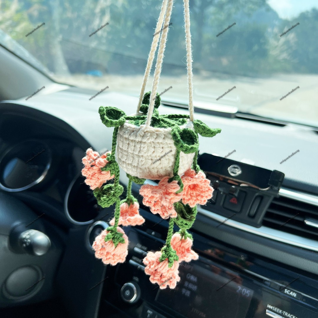 Lily of The Valley Car Hanging Crochet, Crochet Succulent Plants Hanger, Car Accessories For Women, Car Mirror Decor, Car Mirror Ornament