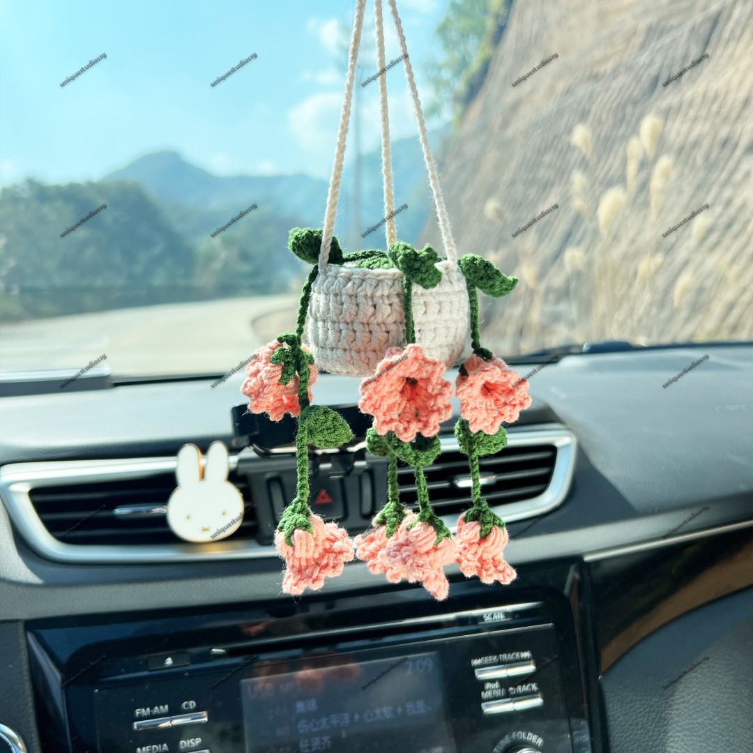 Lily of The Valley Car Hanging Crochet, Crochet Succulent Plants Hanger, Car Accessories For Women, Car Mirror Decor, Car Mirror Ornament