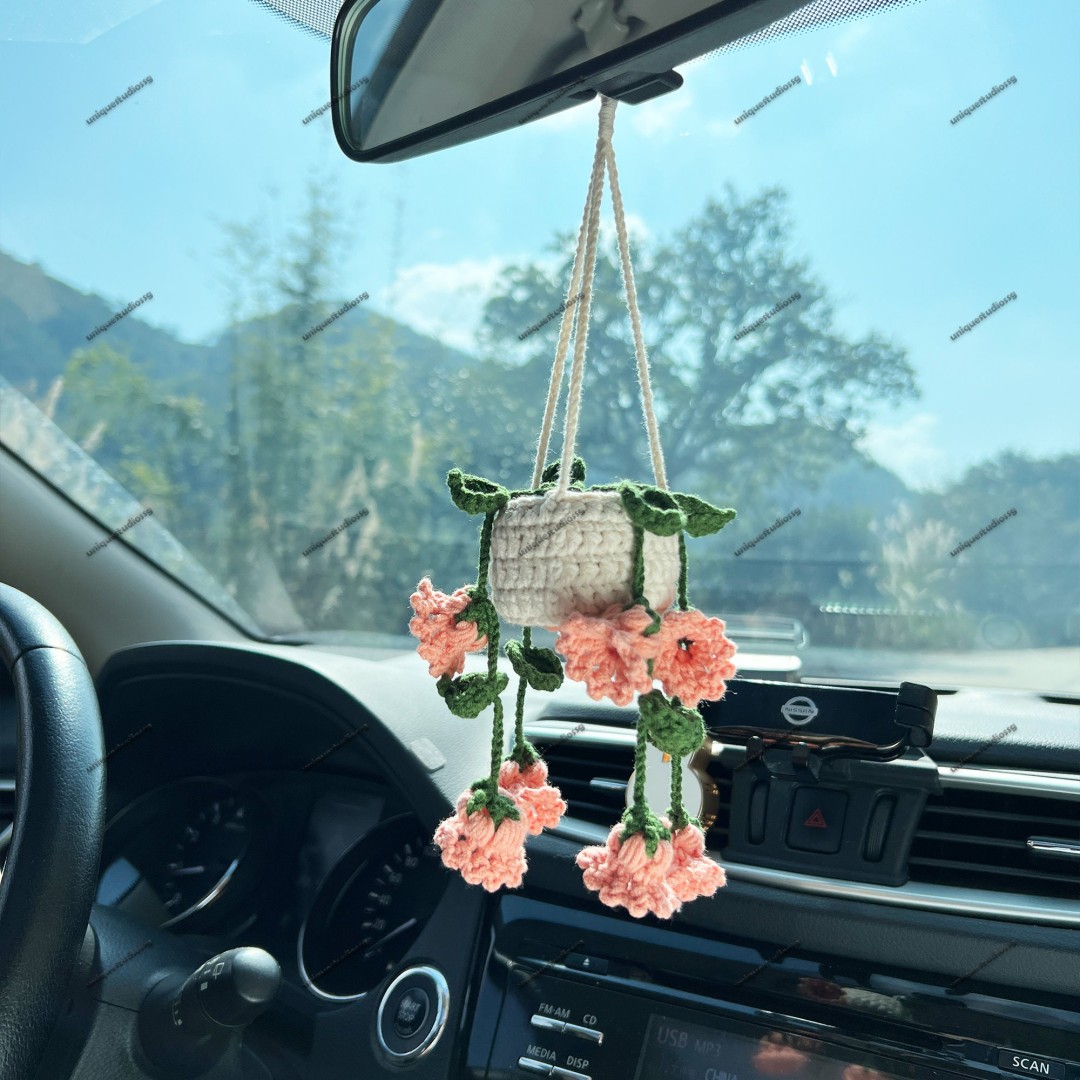 Lily of The Valley Car Hanging Crochet, Crochet Succulent Plants Hanger, Car Accessories For Women, Car Mirror Decor, Car Mirror Ornament