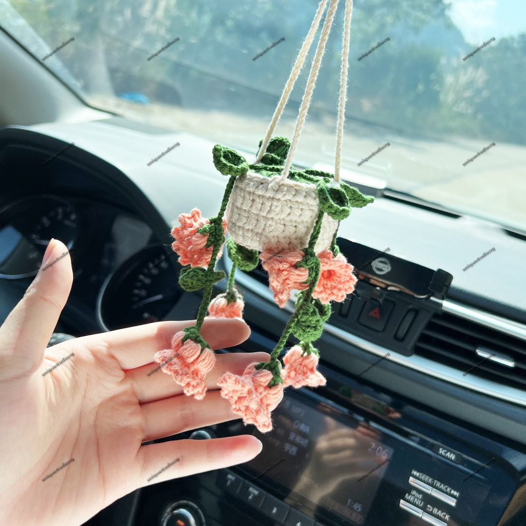 Lily of The Valley Car Hanging Crochet, Crochet Succulent Plants Hanger, Car Accessories For Women, Car Mirror Decor, Car Mirror Ornament