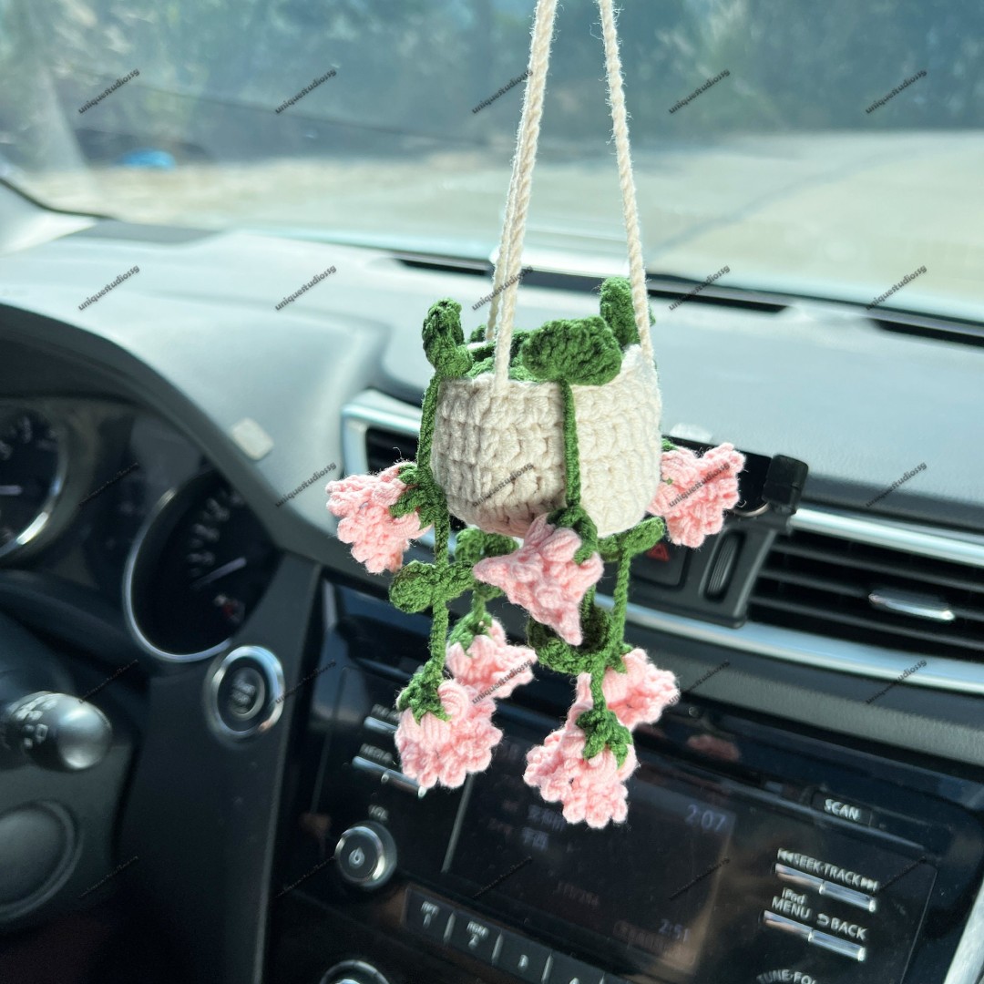 Lily of The Valley Car Hanging Crochet, Crochet Succulent Plants Hanger, Car Accessories For Women, Car Mirror Decor, Car Mirror Ornament