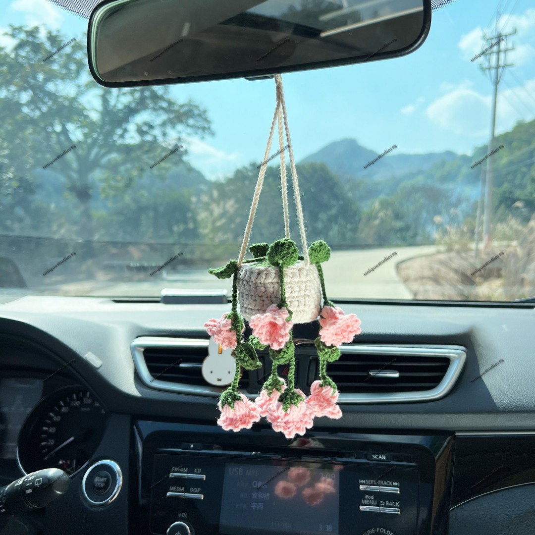 Lily of The Valley Car Hanging Crochet, Crochet Succulent Plants Hanger, Car Accessories For Women, Car Mirror Decor, Car Mirror Ornament