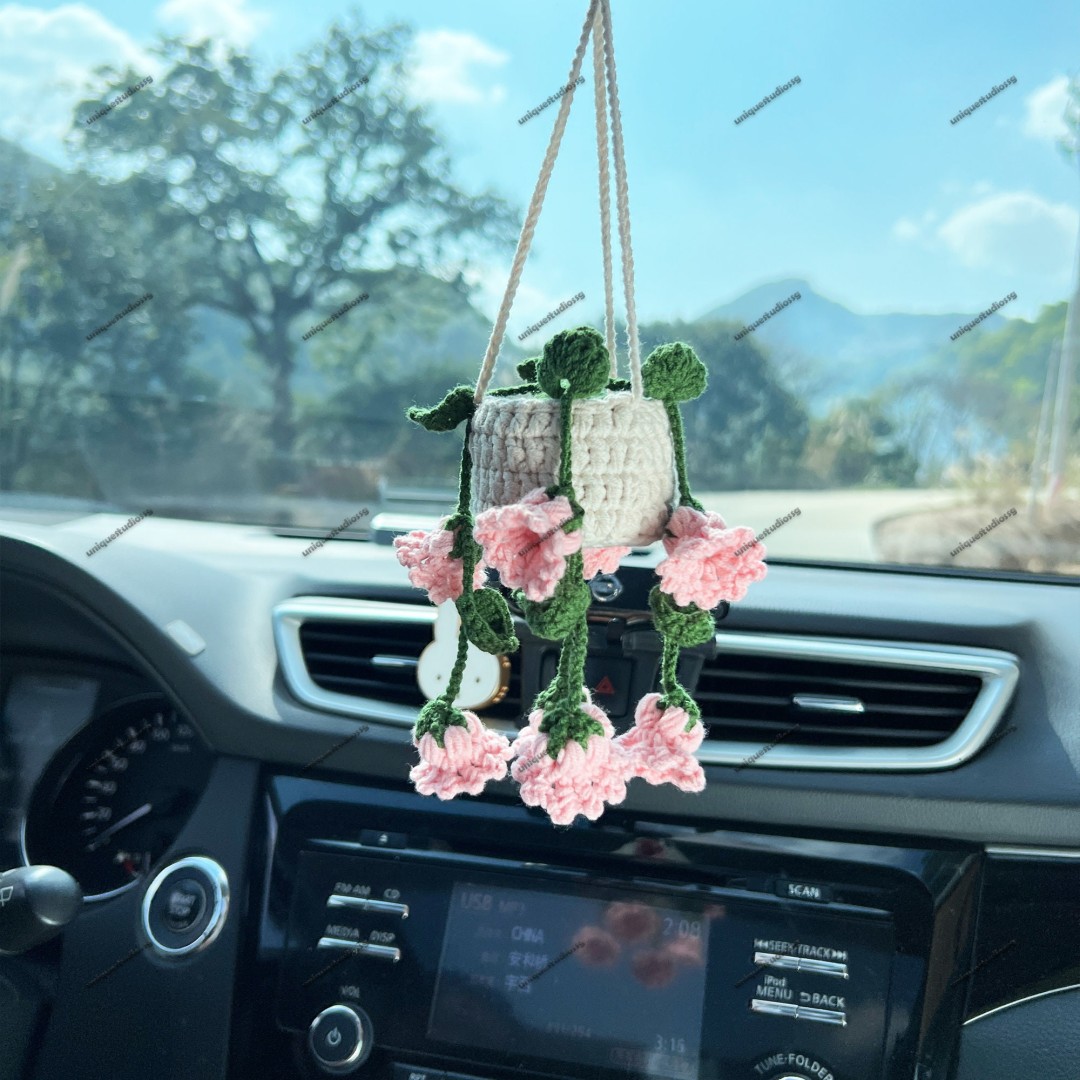 Lily of The Valley Car Hanging Crochet, Crochet Succulent Plants Hanger, Car Accessories For Women, Car Mirror Decor, Car Mirror Ornament