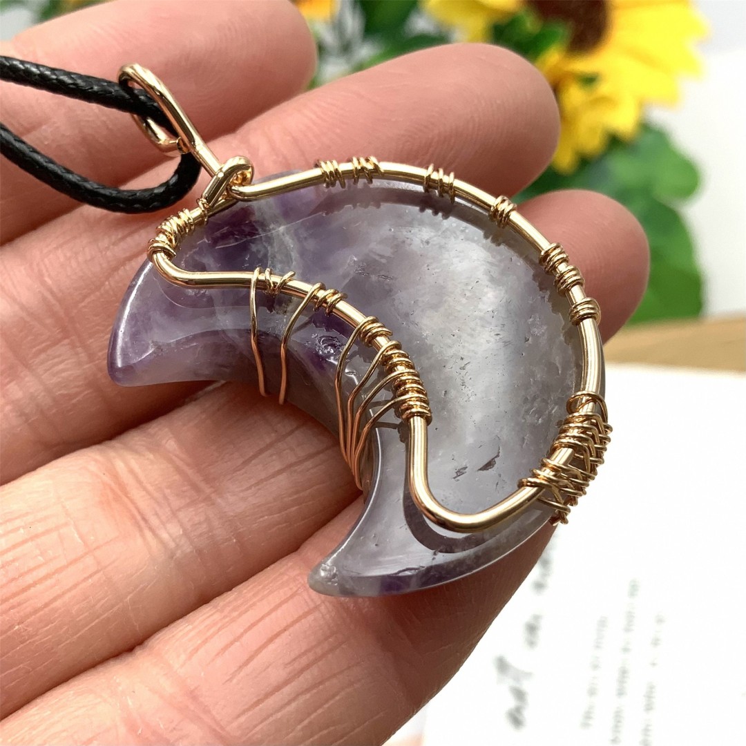 Natural Crystal Amethyst Moon Shape Necklace, Natural Stone Wire Wrap Pendant, Crystal Healing ,Crystal Energy, Crystal Handmade Gifts