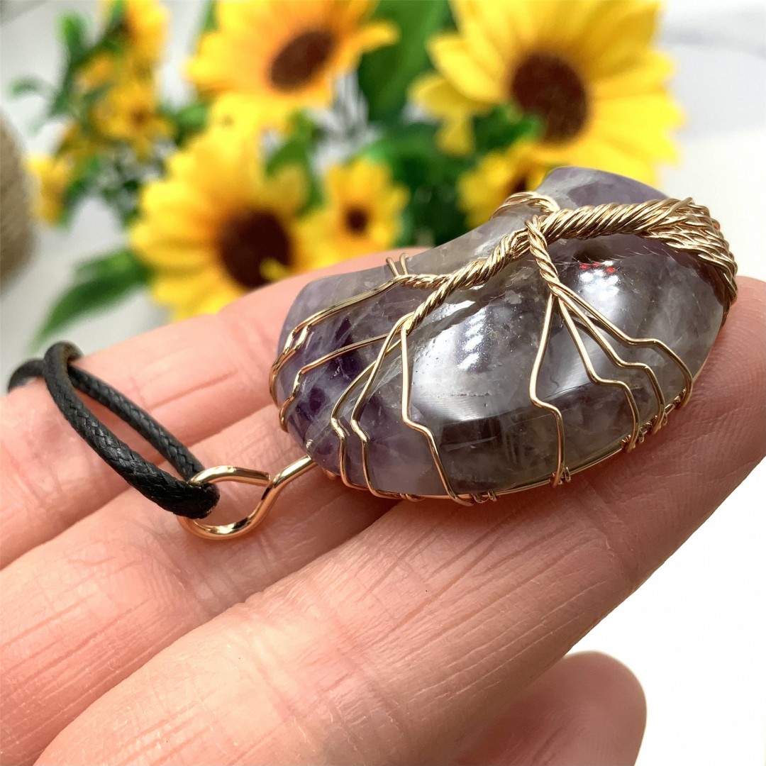 Natural Crystal Amethyst Moon Shape Necklace, Natural Stone Wire Wrap Pendant, Crystal Healing ,Crystal Energy, Crystal Handmade Gifts