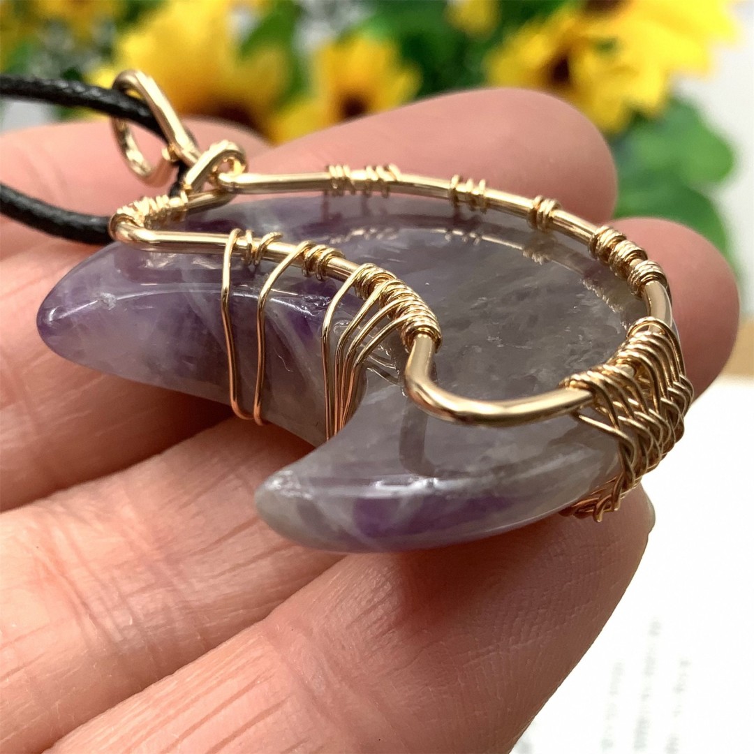 Natural Crystal Amethyst Moon Shape Necklace, Natural Stone Wire Wrap Pendant, Crystal Healing ,Crystal Energy, Crystal Handmade Gifts