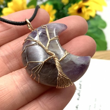 Natural Crystal Amethyst Moon Shape Necklace, Natural Stone Wire Wrap Pendant, Crystal Healing ,Crystal Energy, Crystal Handmade Gifts