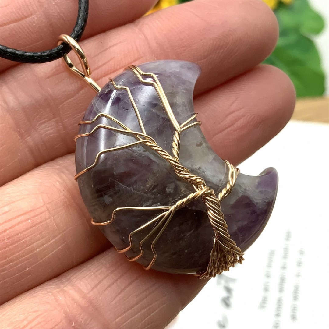 Natural Crystal Amethyst Moon Shape Necklace, Natural Stone Wire Wrap Pendant, Crystal Healing ,Crystal Energy, Crystal Handmade Gifts