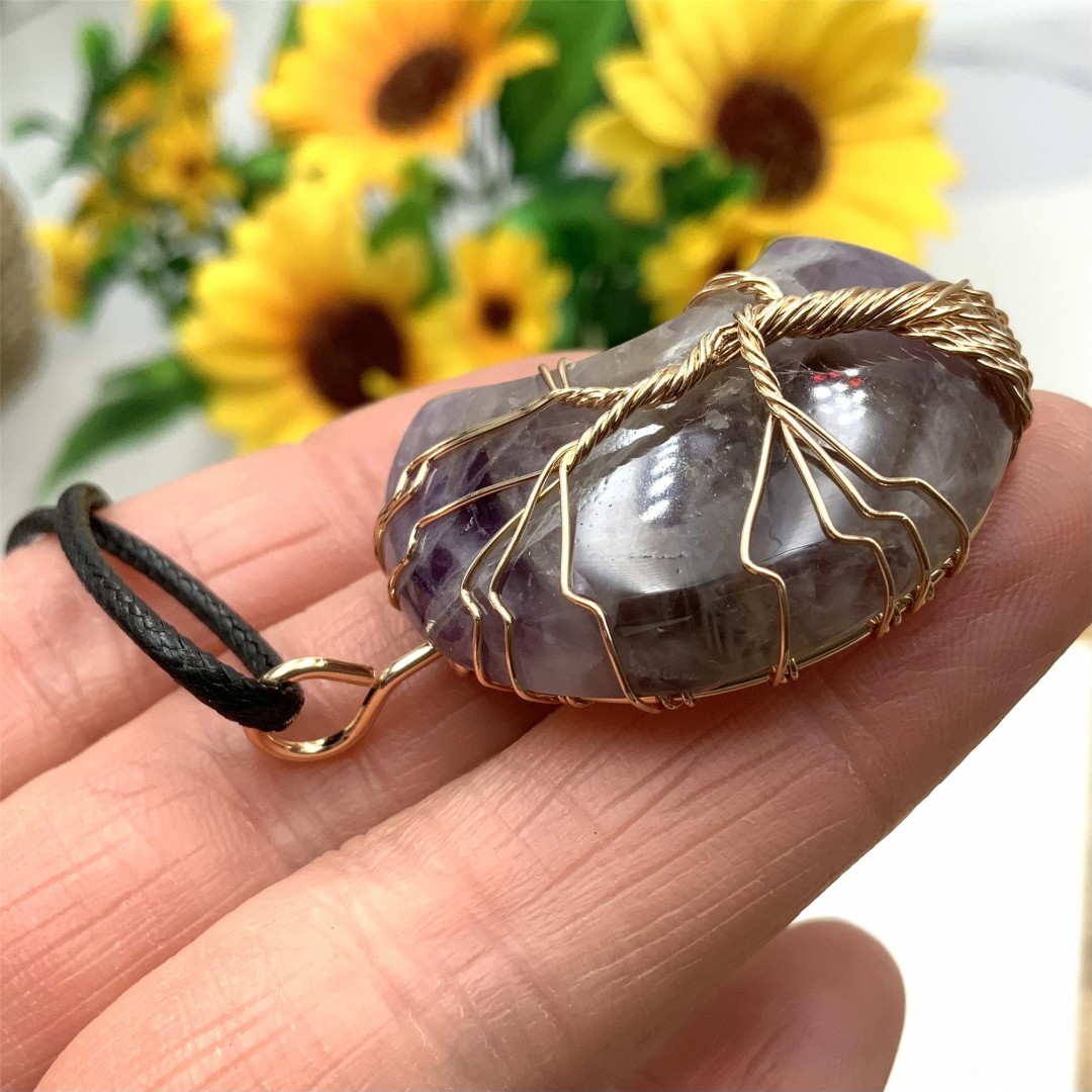 Natural Crystal Amethyst Moon Shape Necklace, Natural Stone Wire Wrap Pendant, Crystal Healing ,Crystal Energy, Crystal Handmade Gifts