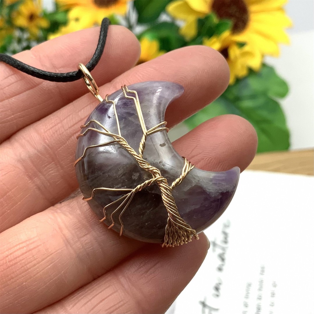 Natural Crystal Amethyst Moon Shape Necklace, Natural Stone Wire Wrap Pendant, Crystal Healing ,Crystal Energy, Crystal Handmade Gifts