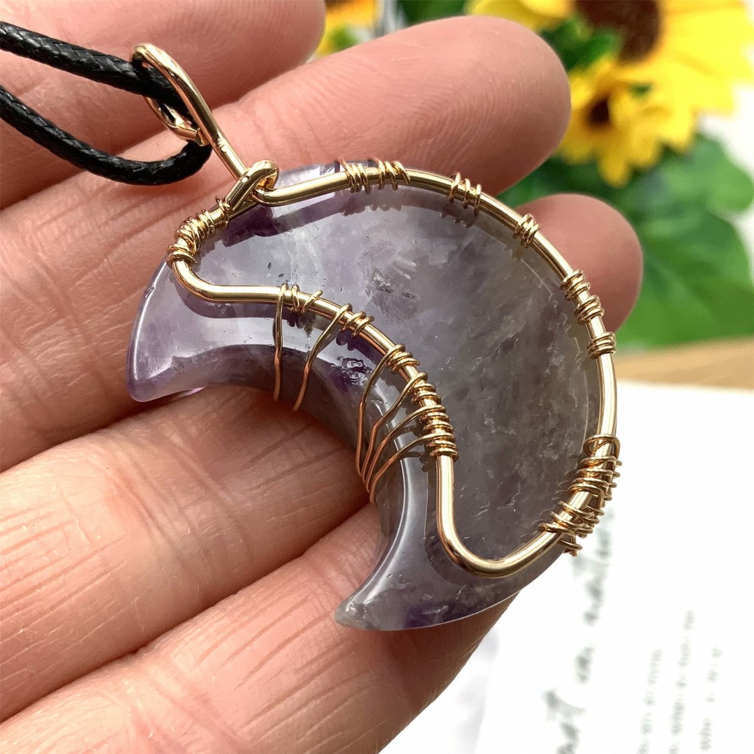 Natural Crystal Amethyst Moon Shape Necklace, Natural Stone Wire Wrap Pendant, Crystal Healing ,Crystal Energy, Crystal Handmade Gifts