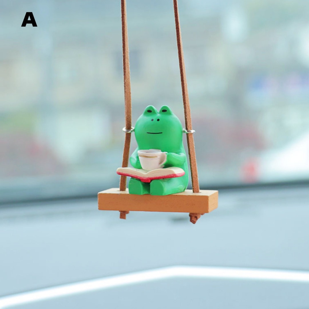 Cute Swinging Mini Frog in chair-Drinking Coffee Frog-Car Rearview Mirror Hanging Accessories-Car Decor for Women-Car Pendant-New Car Gift