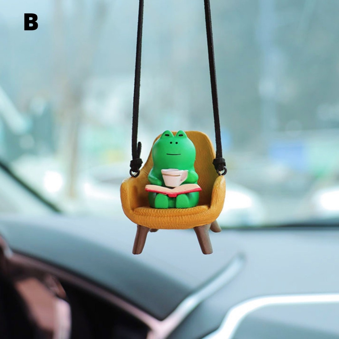 Cute Swinging Mini Frog in chair-Drinking Coffee Frog-Car Rearview Mirror Hanging Accessories-Car Decor for Women-Car Pendant-New Car Gift