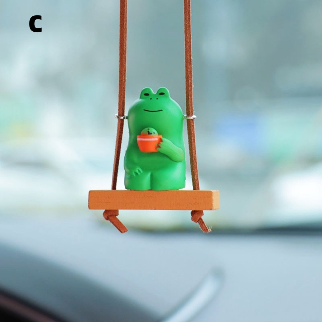 Cute Swinging Mini Frog in chair-Drinking Coffee Frog-Car Rearview Mirror Hanging Accessories-Car Decor for Women-Car Pendant-New Car Gift