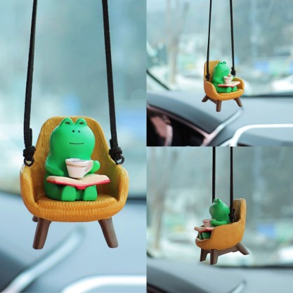 Cute Swinging Mini Frog in chair-Drinking Coffee Frog-Car Rearview Mirror Hanging Accessories-Car Decor for Women-Car Pendant-New Car Gift