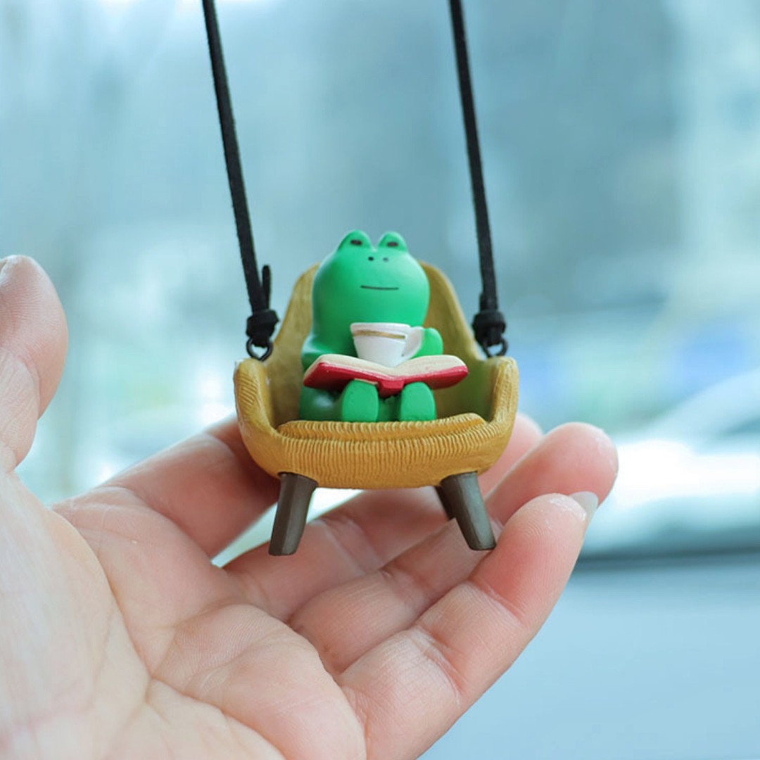 Cute Swinging Mini Frog in chair-Drinking Coffee Frog-Car Rearview Mirror Hanging Accessories-Car Decor for Women-Car Pendant-New Car Gift