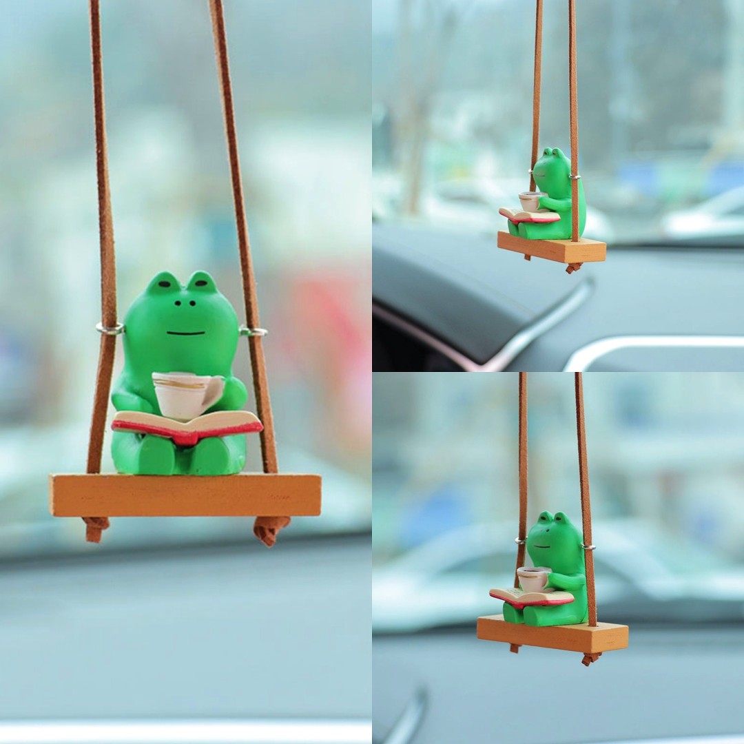 Cute Swinging Mini Frog in chair-Drinking Coffee Frog-Car Rearview Mirror Hanging Accessories-Car Decor for Women-Car Pendant-New Car Gift