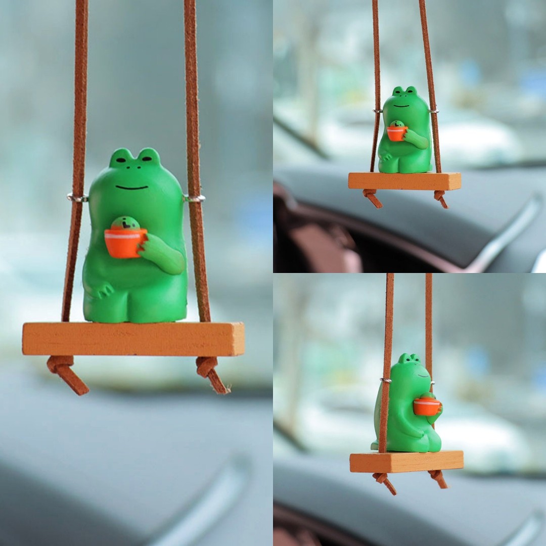 Cute Swinging Mini Frog in chair-Drinking Coffee Frog-Car Rearview Mirror Hanging Accessories-Car Decor for Women-Car Pendant-New Car Gift