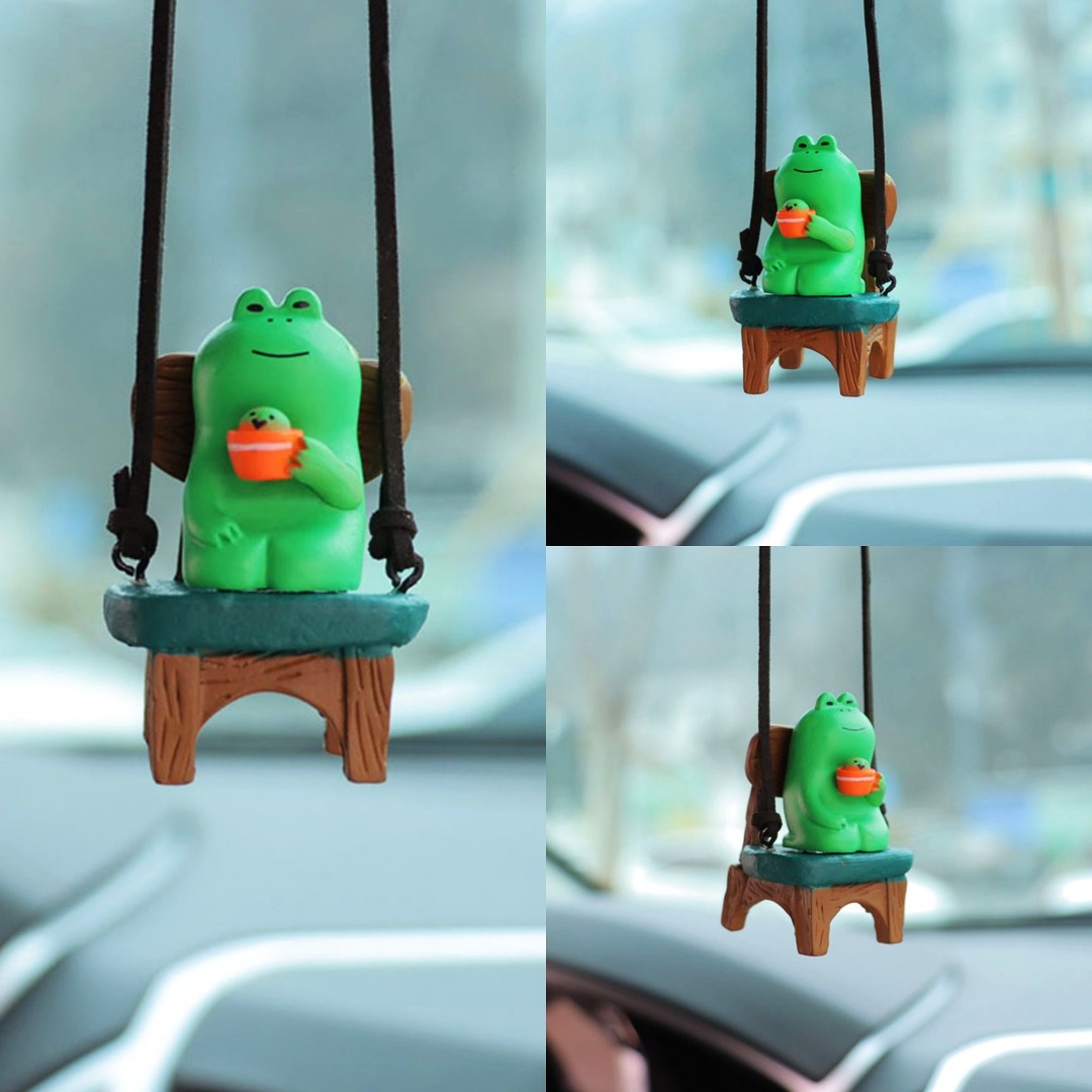 Cute Swinging Mini Frog in chair-Drinking Coffee Frog-Car Rearview Mirror Hanging Accessories-Car Decor for Women-Car Pendant-New Car Gift